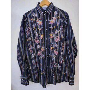 Men's Black Striped Long Sleeve 100% Cotton Button Down Dress Shirt Size large